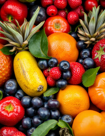 Fresh fruits and berries as a background, top view, close upの写真素材