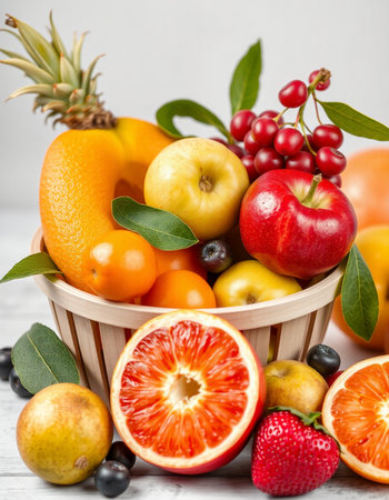 Fruits and berries in a basket on a white wooden table.