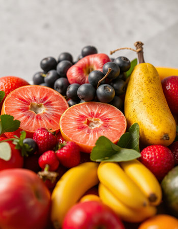 Assortment of fresh fruits and berries. Healthy eating concept. Selective focus.の写真素材