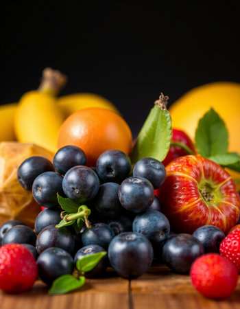 Fresh fruits and berries on wooden table, black background, selective focusの写真素材
