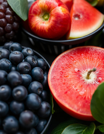 Fresh fruits and berries on a dark wooden background. Selective focus.の写真素材