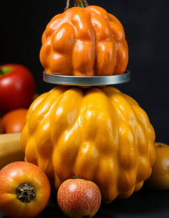 Autumn fruits and vegetables on a dark background. Studio photography.の写真素材
