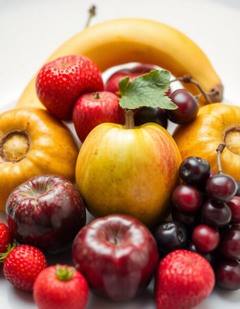 Fruits and berries on a white background, close-up.