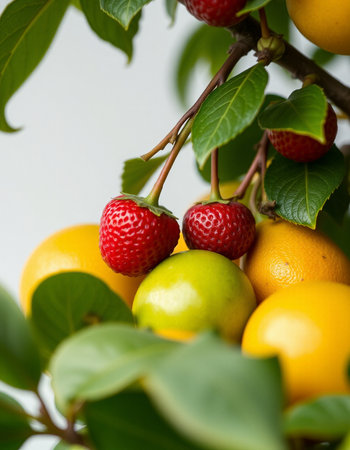 Strawberry and lemon on the tree. Selective focus.の写真素材