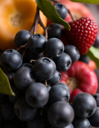 Fresh fruits and berries on a wooden table, close-up.の写真素材