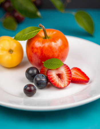 Fresh fruits on a white plate on a blue background, close upの写真素材
