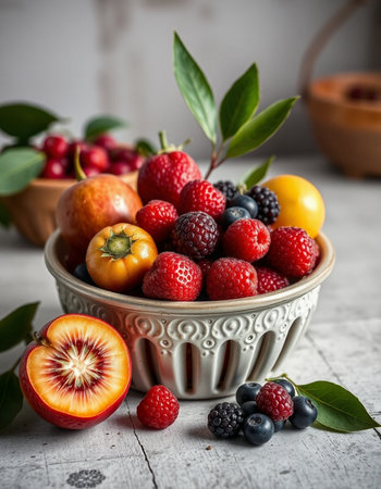 Mix of fresh berries in a bowl on a white wooden background.の写真素材