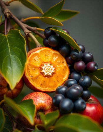 Fruits and berries on the branches of a tree in the gardenの写真素材