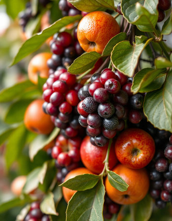 Fruits on the branches of a tree in the garden close-upの写真素材