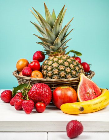 Fruits in a basket on a wooden table against a blue backgroundの写真素材