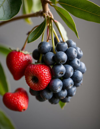 Berries of blueberry, strawberry and blackberry on a branchの写真素材