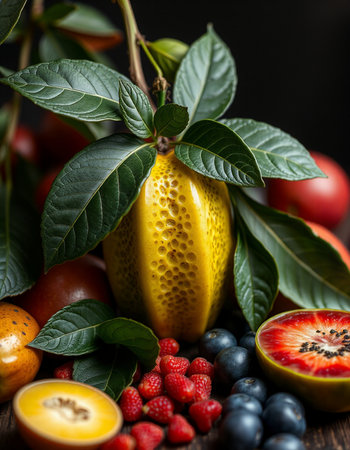 Fresh fruits and berries on a dark wooden background. Healthy food.の写真素材