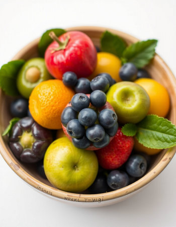 Mixed fruit in wooden bowl on white background. Healthy food concept.の写真素材