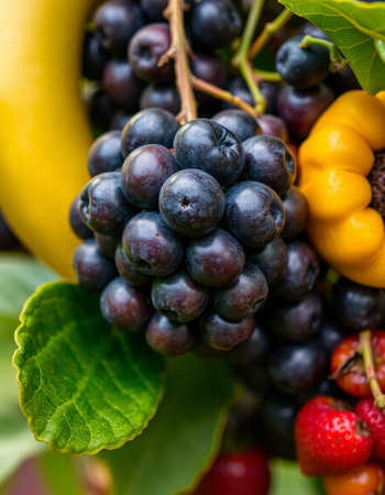 Close up of a bunch of ripe fruits and vegetables in a garden.の写真素材