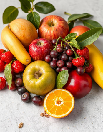 Fresh fruits and berries on a light background. Healthy food concept.の写真素材