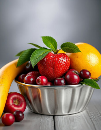 Fruits in metal bowl on grey background. Healthy food concept.の写真素材