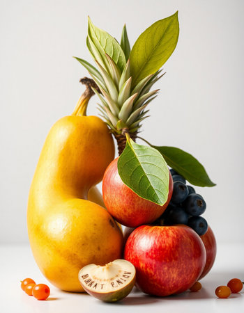 Fresh fruits on a white background. Healthy eating, dieting and vegetarian concept.の写真素材