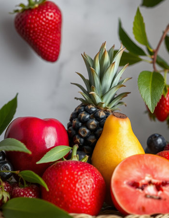 Fruits and berries in a basket on a white marble background.の写真素材