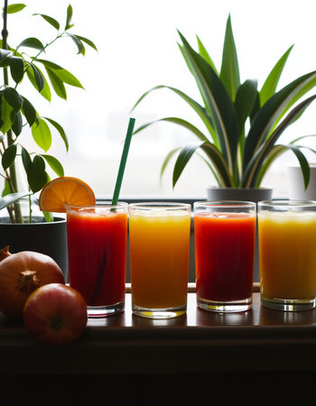 Glasses of fresh vegetable juices on a wooden table in the kitchen