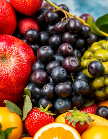Assortment of fresh fruits and berries. Healthy eating concept. Top view.