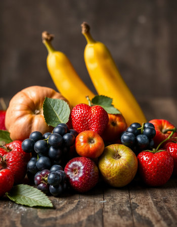 Fruits and vegetables on rustic wooden background, selective focus.