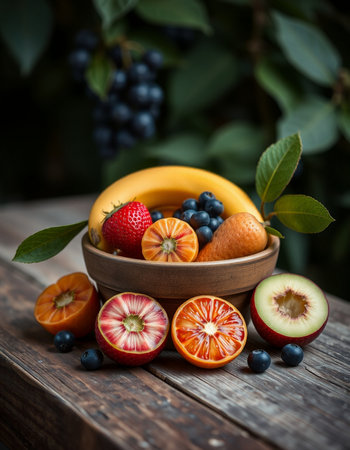 Fresh fruits in a bowl on a wooden table, selective focus.の写真素材