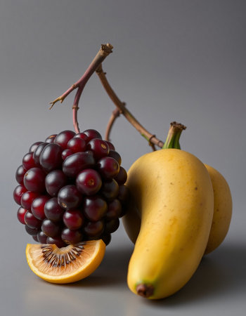 Fruit still life with blackberries and bananas on a gray backgroundの写真素材