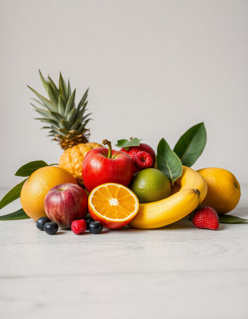 Fruits on a white wooden table. Healthy food concept. Copy space.