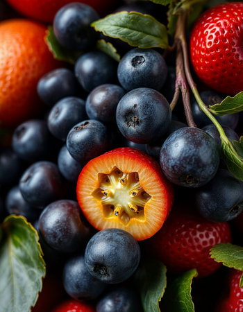 Fresh fruits and berries as background, closeup. Healthy eating conceptの写真素材