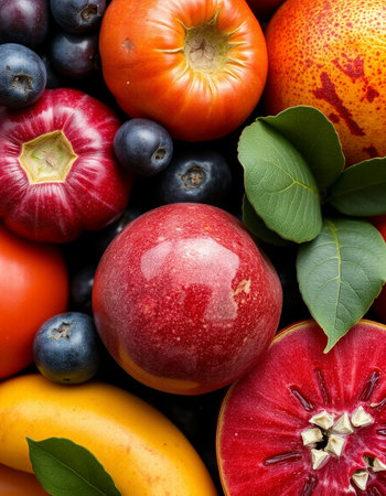 Fresh fruits and vegetables background. Healthy food concept. Top view.