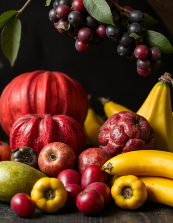 Fruits and vegetables on a dark background. Healthy eating concept.の写真素材