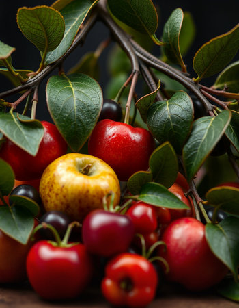 Fruits and berries on a wooden table. Selective focus.の写真素材