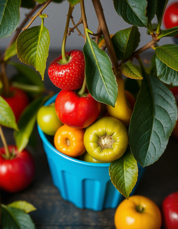 Fruits in a bowl on a wooden background. Close-up.の写真素材