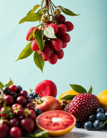 Falling fruits and berries on a blue background. Healthy food concept.の写真素材