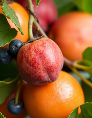 Close up view of a group of apricots and berries.の写真素材