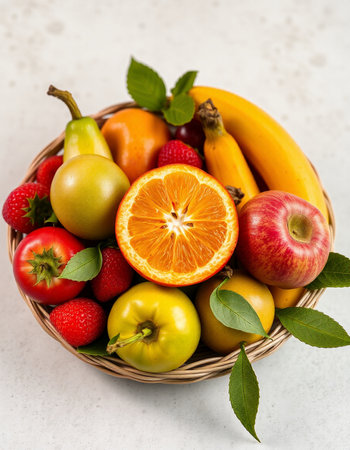 Fresh fruits in a basket on a white background, top view.