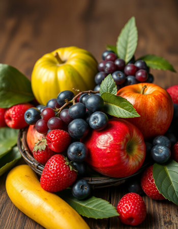 Fresh fruits and berries in a basket on a wooden table, selective focus