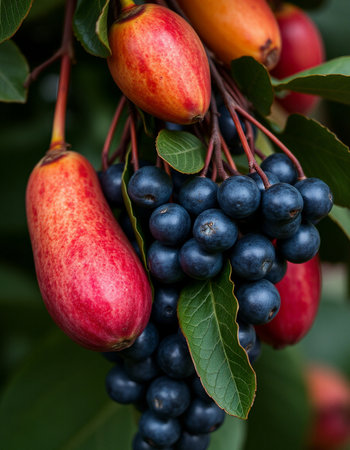 Ripe pears and chokeberry on the branches of a treeの写真素材