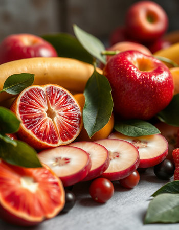 Variety of fresh fruits with leaves on rustic background, selective focus