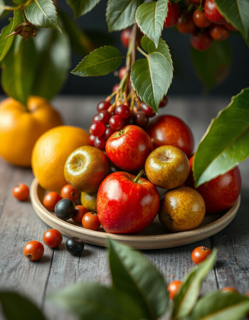Fruits and berries on a wooden table, selective focus, copy spaceの写真素材