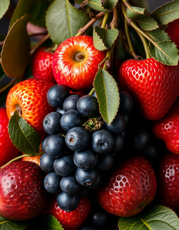 Mix of fresh fruits and berries on a dark background. Top view.