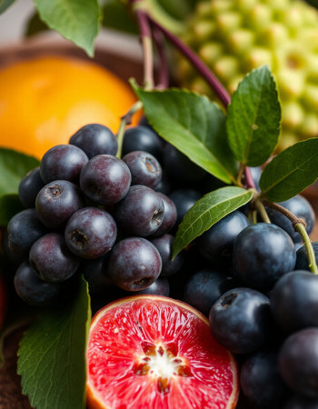 Fruits and berries in a bowl on a wooden table. Selective focus.の写真素材