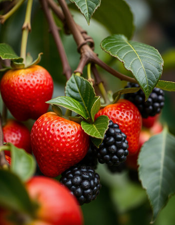 Close-up of ripe strawberries on a branch with green leaves.の写真素材