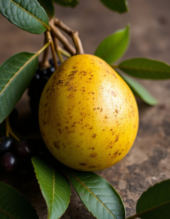 Ripe pears on a branch with leaves on a wooden backgroundの写真素材