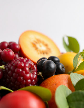 Fruits and berries on a white background, close-up.の写真素材