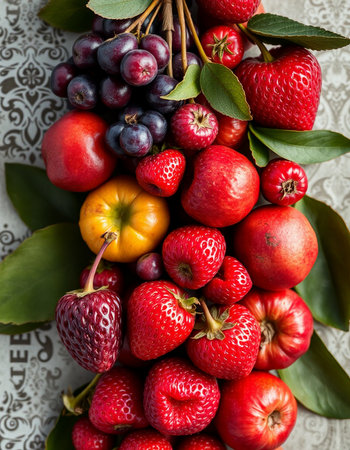 Fruits and berries in the shape of a heart on a vintage backgroundの写真素材