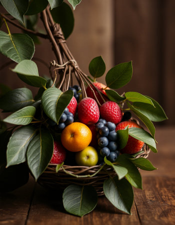 Basket of fresh fruits on a wooden background. Selective focus.の写真素材