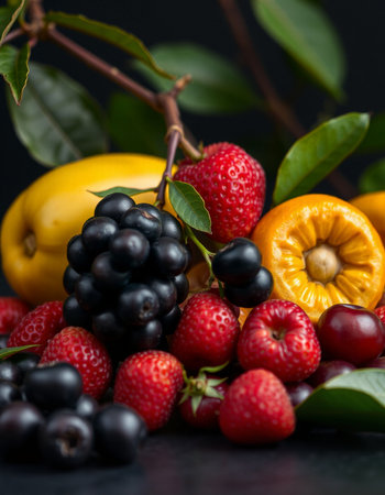 Assortment of fresh summer fruits on black background, close-upの写真素材