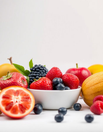Fruits and berries in a white bowl on a white background.の写真素材