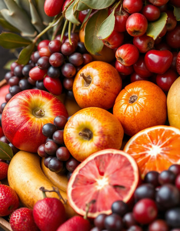 Variety of fresh fruits and berries as background, closeup view